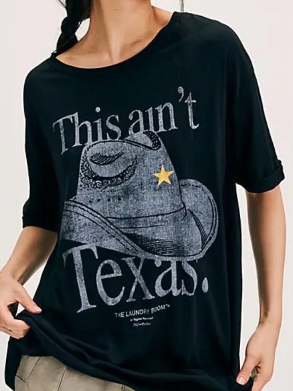 Free People Oversized Black Graphic Tee "This ain't Texas" with Cowboy Hat